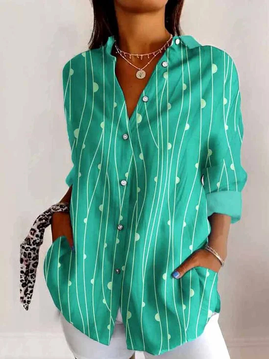 V Neck Long Sleeve Geometric Regular Micro-Elasticity Regular Fit Shirt For Women