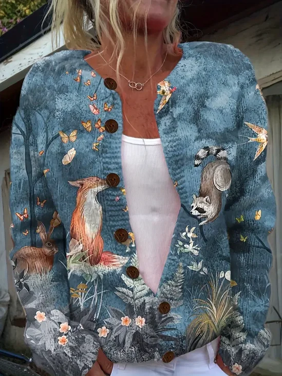 Women 3D Floral Animal Print Long Sleeve Comfy Vintage Cardigan