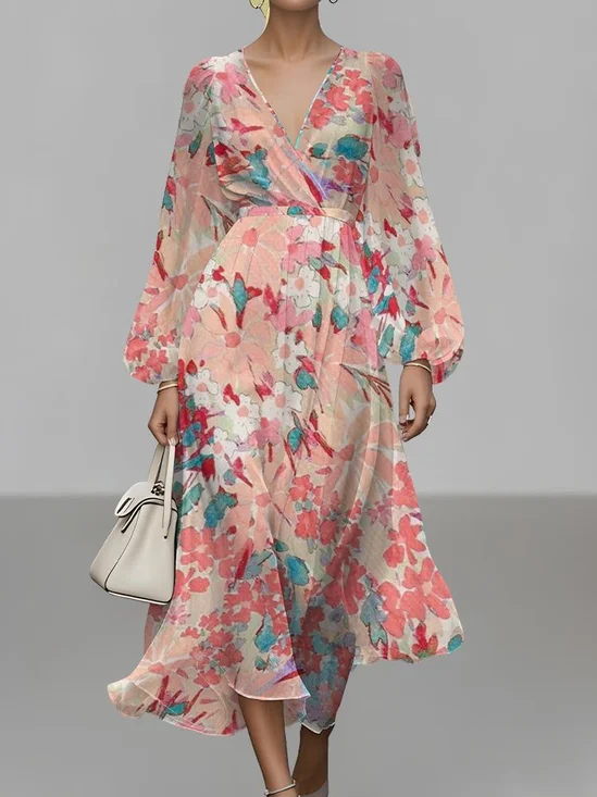 Women Floral Puff Sleeve Spring/Fall Dress V Neck Long Sleeve A-Line Dress