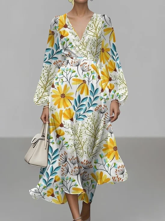 Women Floral Puff Sleeve Spring/Fall Dress V Neck Long Sleeve A-Line Dress