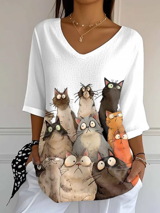 Casual Animal V Neck Three Quarter Sleeve T-shirt