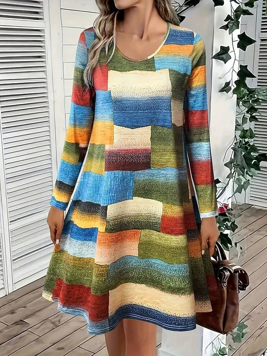 Women Geometric Spring/Fall Dress V Neck Long Sleeve A-Line Dress