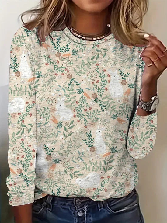 Vintage Floral Crew Neck Long Sleeve T-shirt