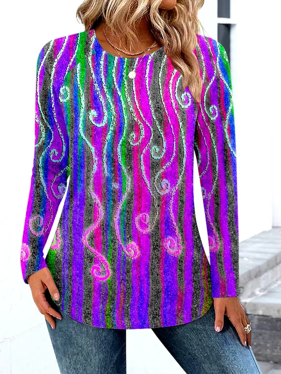 Casual Color Block Crew Neck Long Sleeve T-shirt