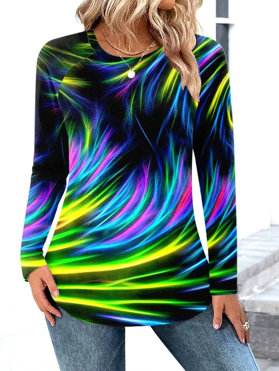Casual Color Block Crew Neck Long Sleeve T-shirt