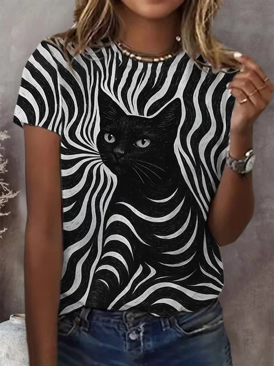 Simple Cat Crew Neck Short Sleeve T-shirt
