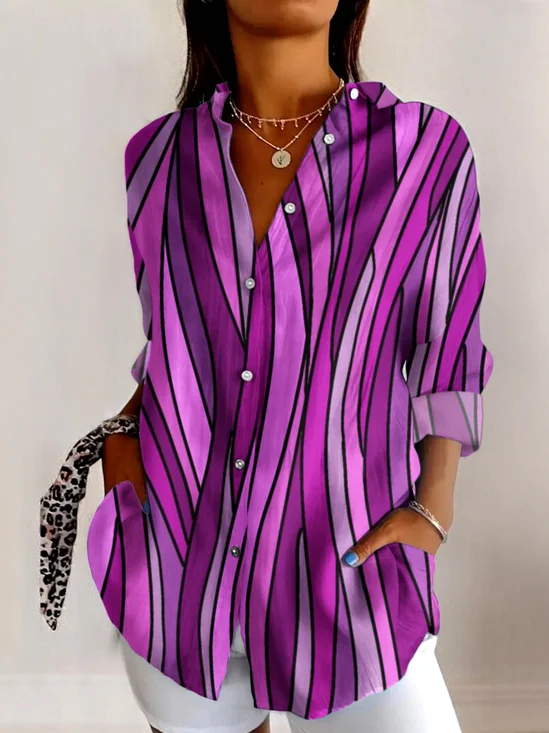 V Neck Long Sleeve Geometric Regular Micro-Elasticity Regular Fit Shirt For Women