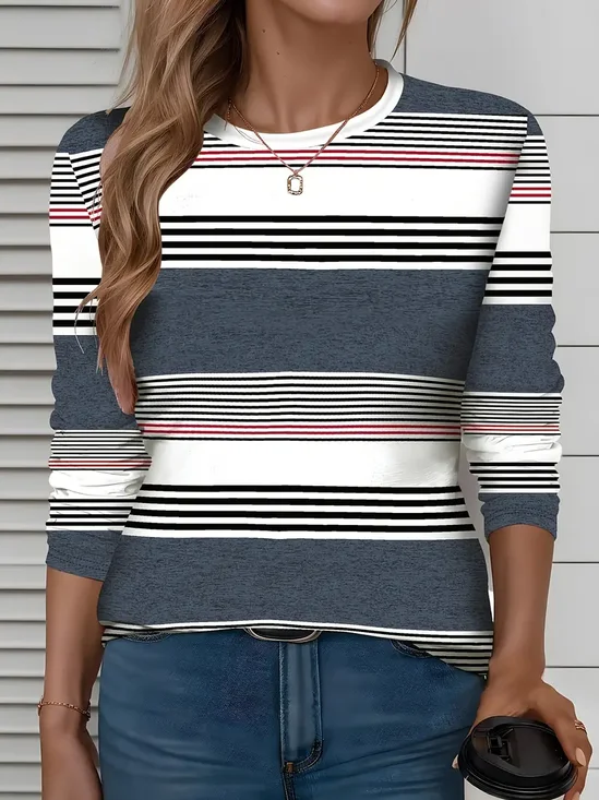 Casual Striped Crew Neck Long Sleeve T-shirt