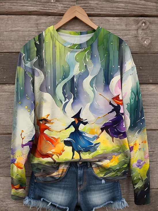 Halloween Witch Art Pattern Casual Crew Neck Sweatshirt