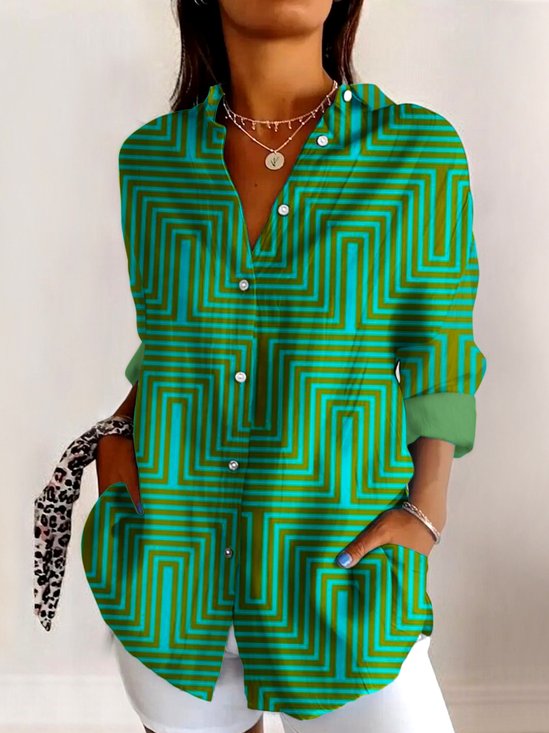 V Neck Long Sleeve Geometric Regular Micro-Elasticity Regular Fit Shirt For Women