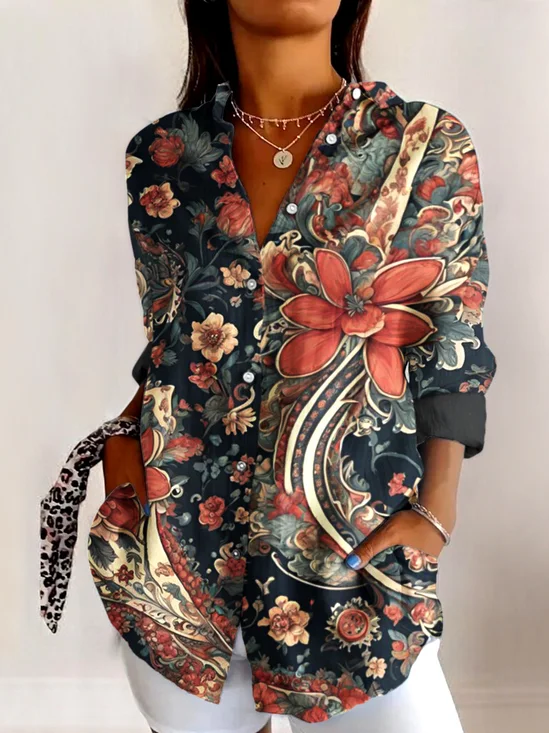 V Neck Long Sleeve Geometric Regular Micro-Elasticity Regular Fit Shirt For Women