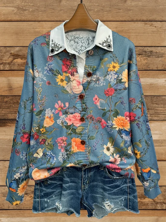 Women Knitted Floral Long Sleeve Comfy Vintage Cardigan