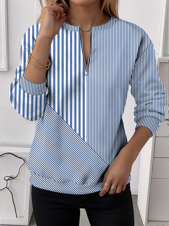 Casual Crew Neck Striped Sweatshirt