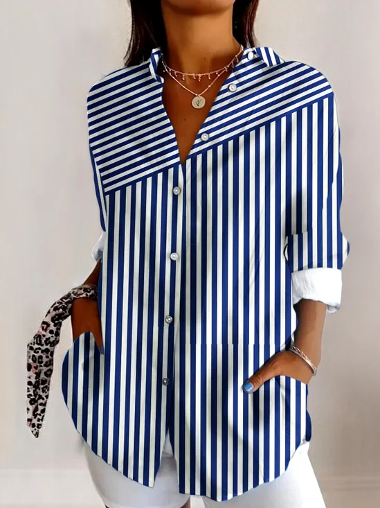 V Neck Long Sleeve Geometric Regular Micro-Elasticity Regular Fit Shirt For Women