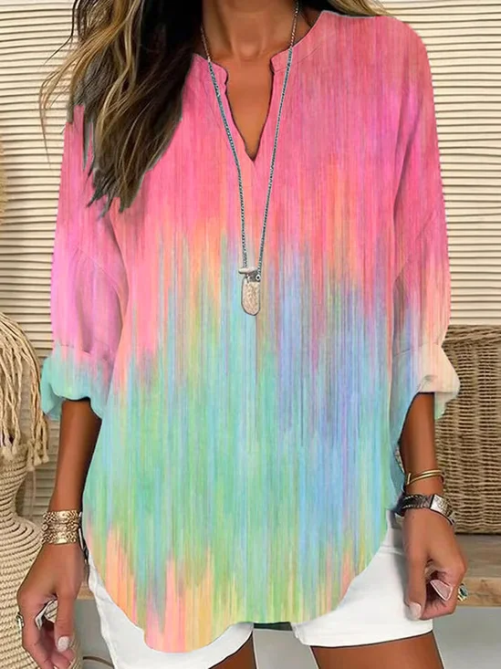 V Neck Long Sleeve Abstract Printing Regular Loose Blouse For Women
