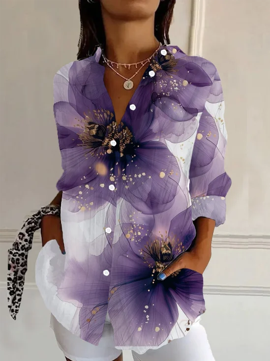 Shirt Collar Regular Sleeve Long Sleeve Floral Buckle Regular Loose Button Up Shirt Shirt For Women