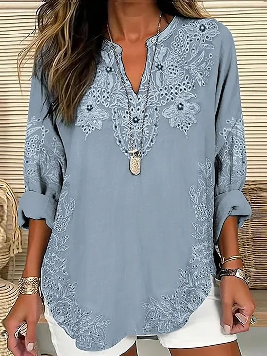 V Neck Long Sleeve Floral Printing Regular Loose Blouse For Women