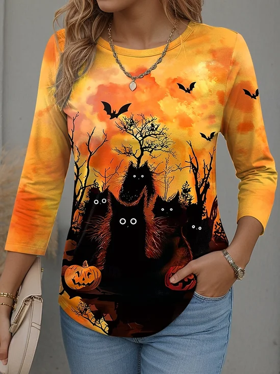Halloween T-shirt Black Cat Pattern Vintage Crew Neck Long Sleeve Blouse
