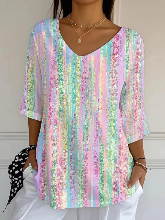 Vintage Striped Crew Neck Three Quarter Sleeve T-shirt