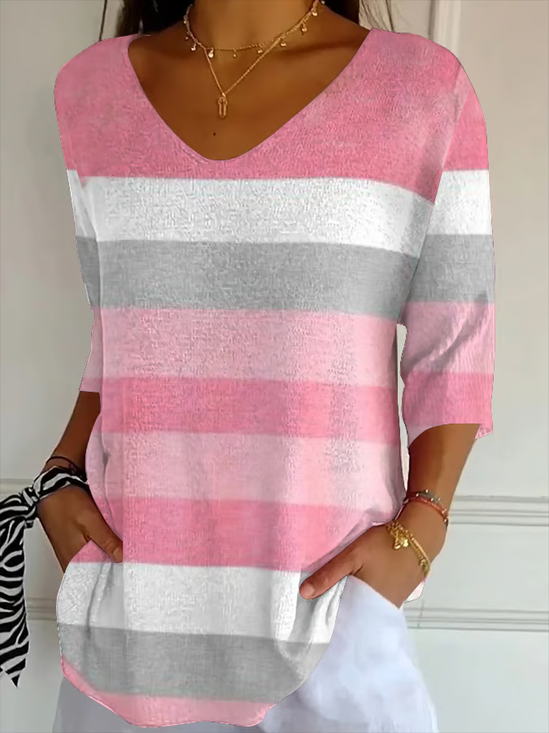Casual Striped V Neck Three Quarter Sleeve T-shirt