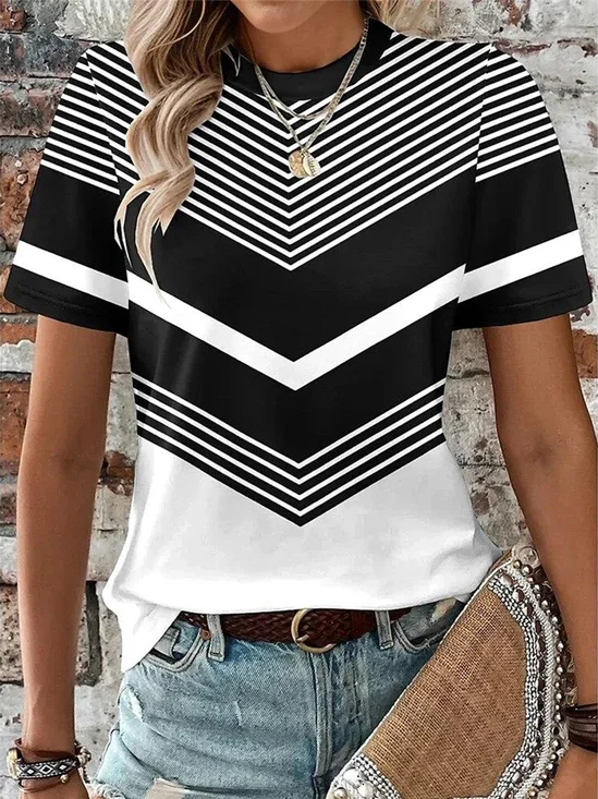 Vintage Striped Crew Neck Short Sleeve T-shirt