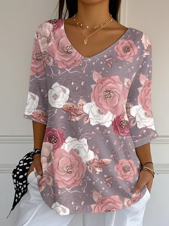 Casual Floral V Neck Three Quarter Sleeve T-shirt