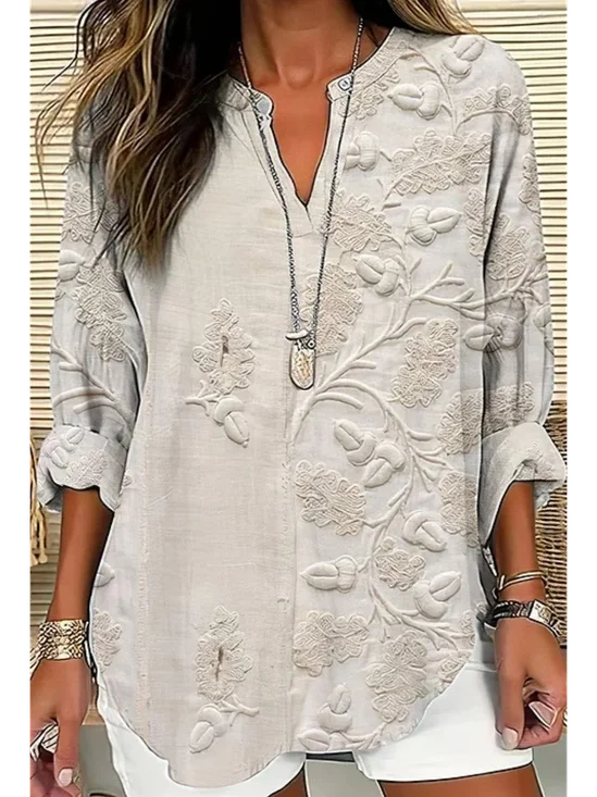 V Neck Long Sleeve 3D Floral Printing Regular Loose Blouse For Women
