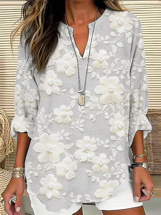 V Neck Long Sleeve Floral Printing Regular Loose Blouse For Women