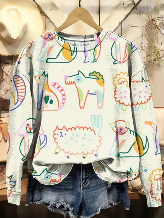 Casual  Cute Animals Art Print Crew Neck Sweatshirt