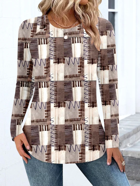 Casual Color Block Crew Neck Long Sleeve T-shirt