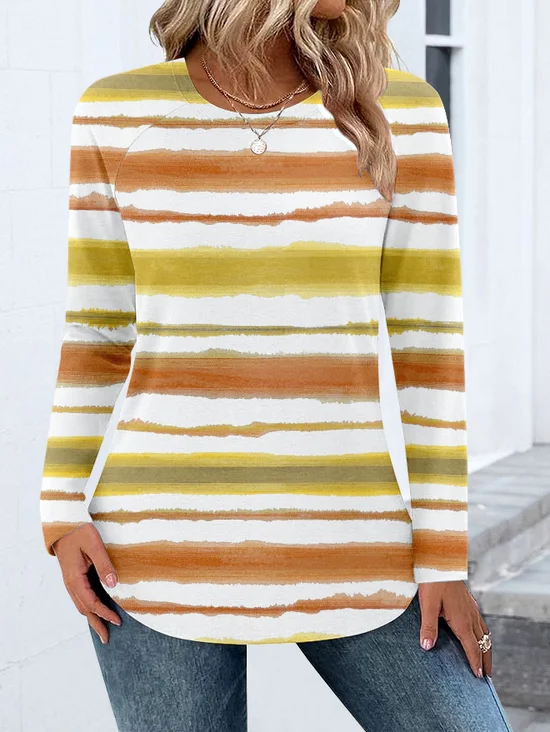 Casual Color Block Crew Neck Long Sleeve T-shirt