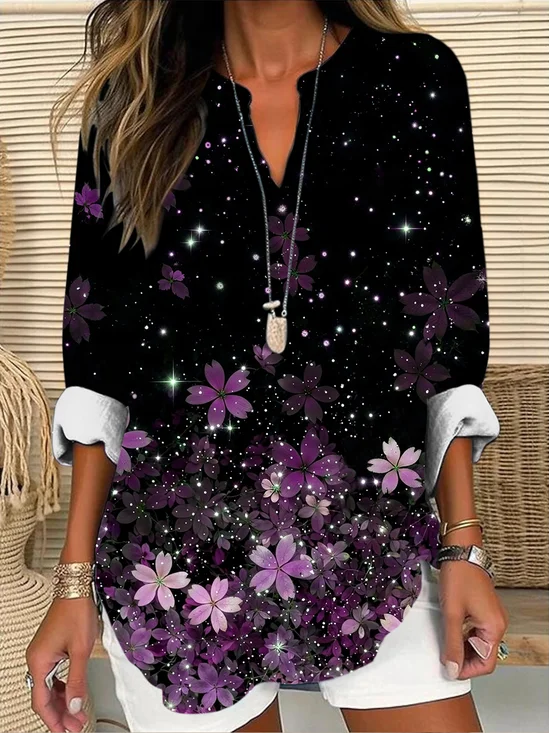 Shawl Collar Half Sleeve Floral Regular Loose Blouse For Women