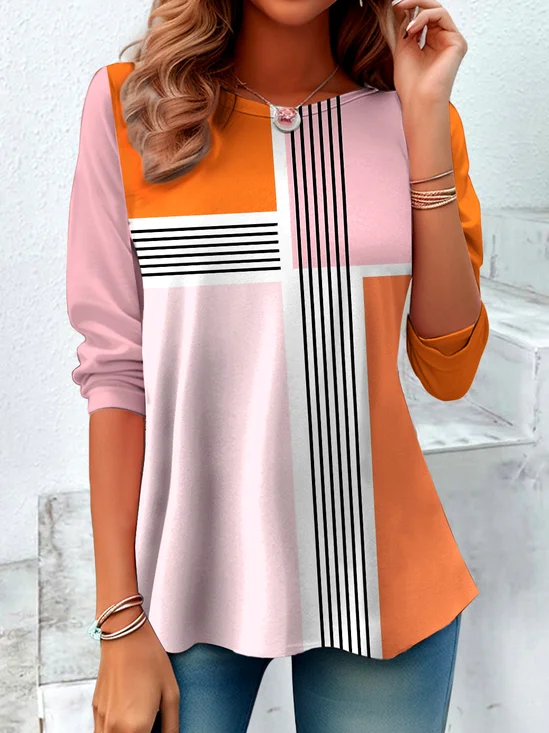 Vintage Plaid Crew Neck Long Sleeve T-shirt