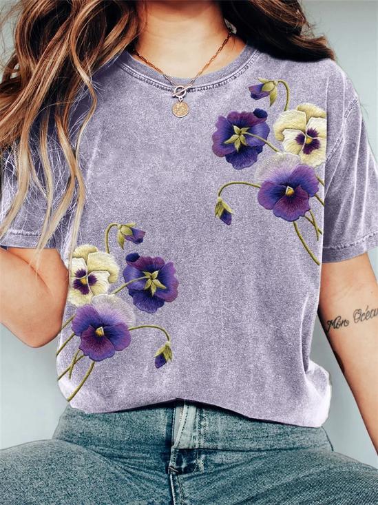 Vintage Floral Crew Neck Short Sleeve T-shirt