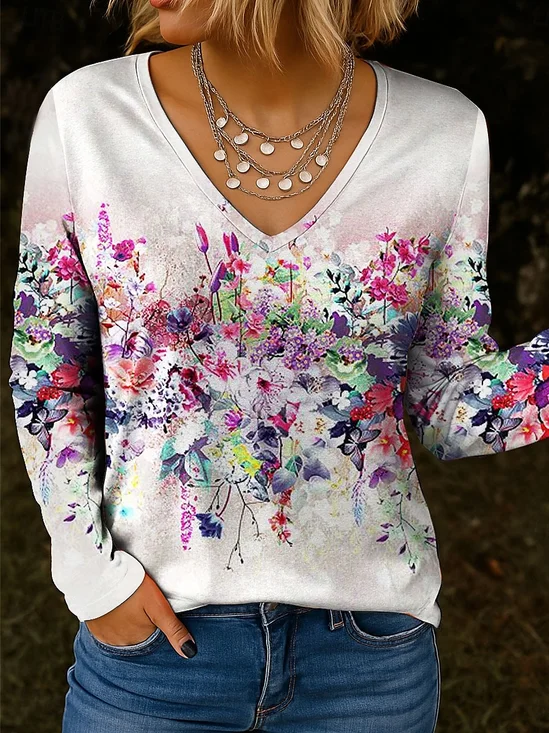 V Neck Long Sleeve Floral Regular Micro-Elasticity Loose Blouse For Women