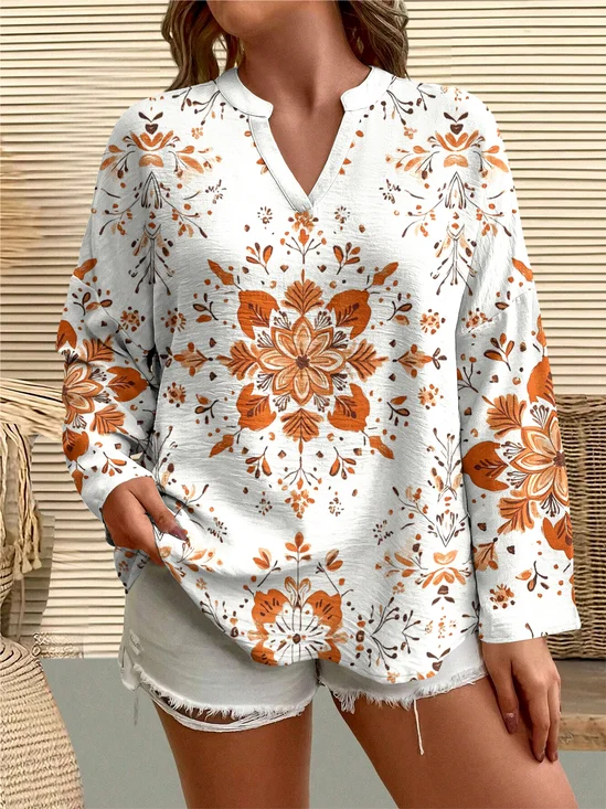 Casual Floral V Neck Long Sleeve T-shirt