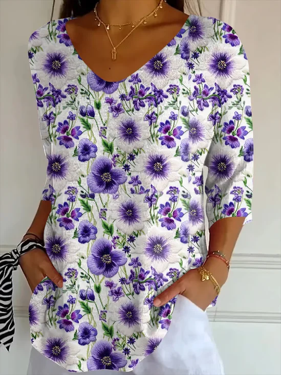 Casual Floral V Neck Three Quarter Sleeve T-shirt