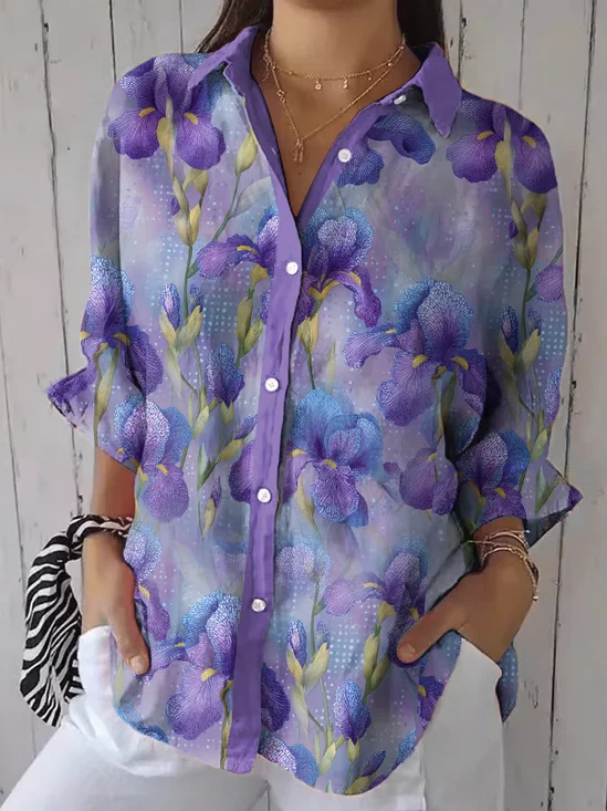Shirt Collar Three Quarter Sleeve Floral Printing Regular Loose Button Up Shirt Shirt For Women