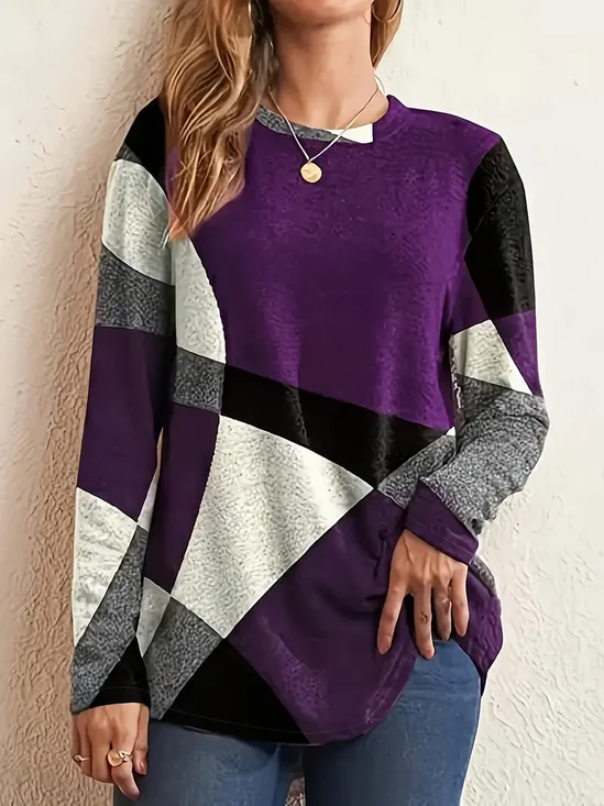 Casual Abstract Color Block Print Crew Neck Long Sleeve T-shirt