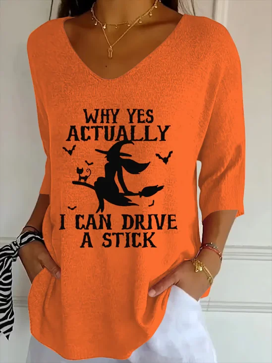 Vintage Halloween Witch Print V Neck Three Quarter Sleeve T-shirt