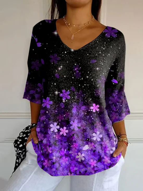 Casual Floral V Neck Three Quarter Sleeve T-shirt