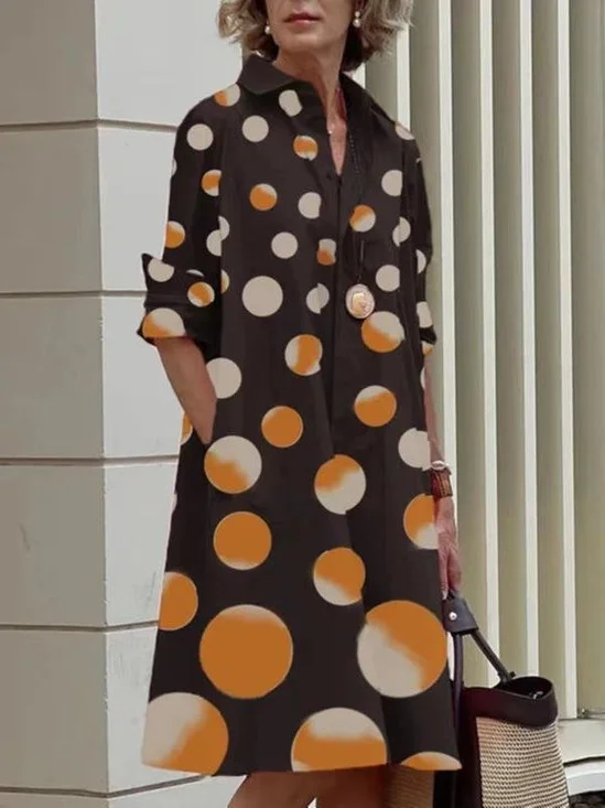 Women Geometric Spring/Fall Dress Shawl Collar Long Sleeve Shirt Dress H-Line Dress