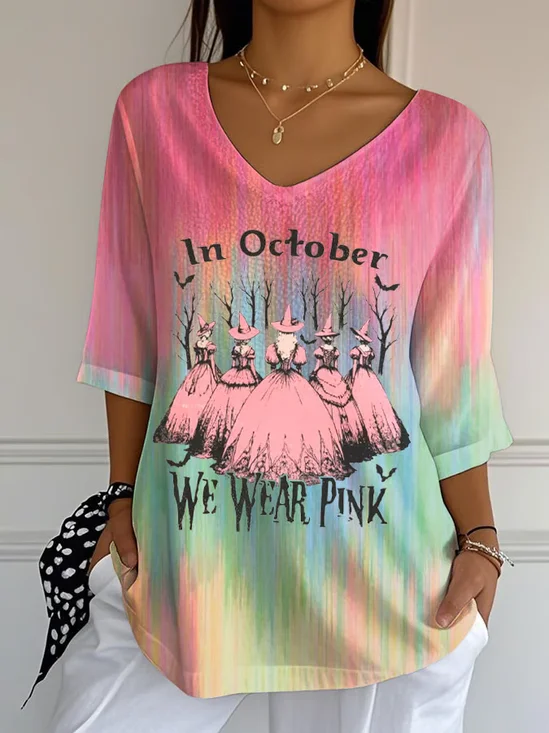 Vintage Halloween V Neck Three Quarter Sleeve T-shirt