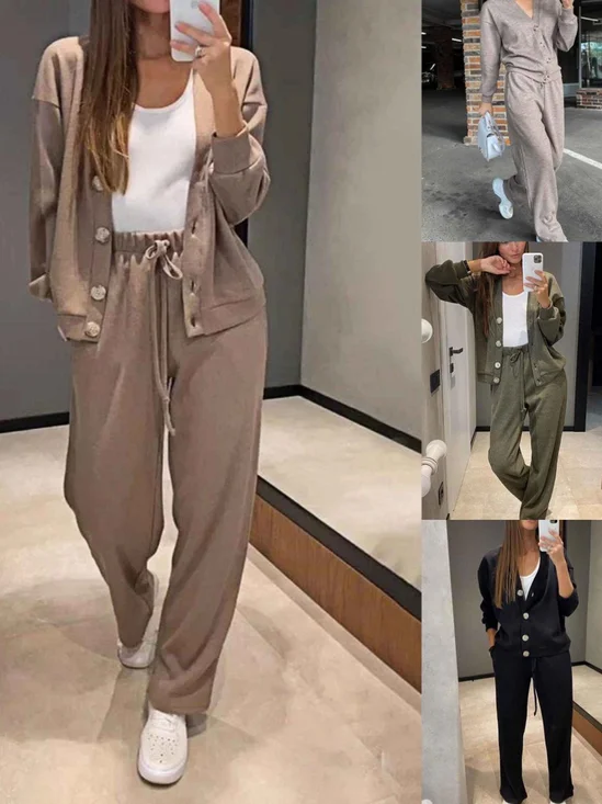 Women Plain Split Joint Two-Piece Set Daily Long Sleeve Casual Spring/Fall Top With Pants Matching Set