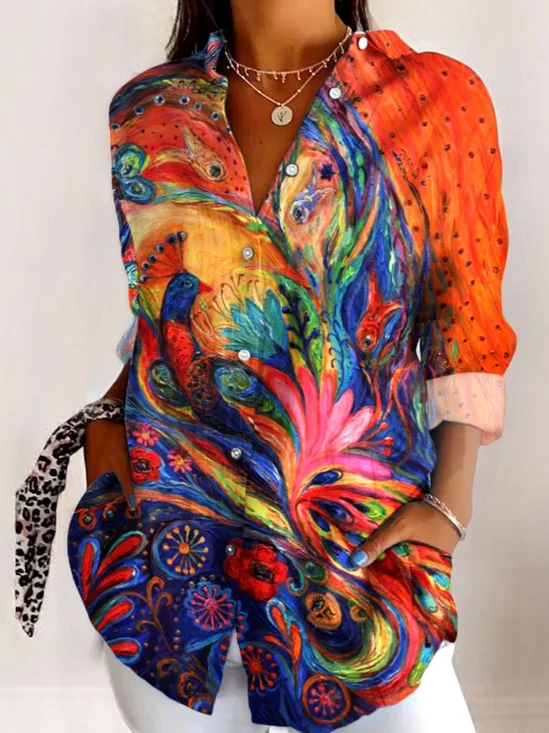 Women's Shirt Cotton Button Up Peacock Art Print Basic Blouse Casual Long Sleeve Shirt Collar Daily Top