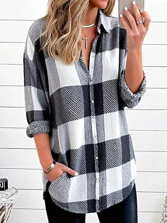 Shirt Collar Long Sleeve Plaid Regular Loose Shirt For Women
