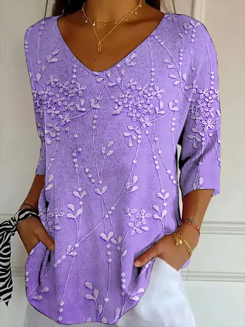 Casual 3D Floral Print V Neck 3/4 Length Sleeve T-shirt