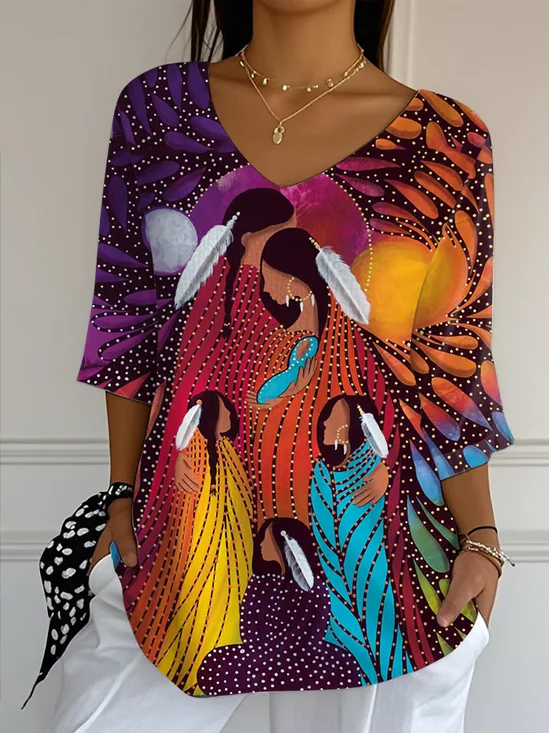 Casual Floral V Neck Three Quarter Sleeve T-shirt