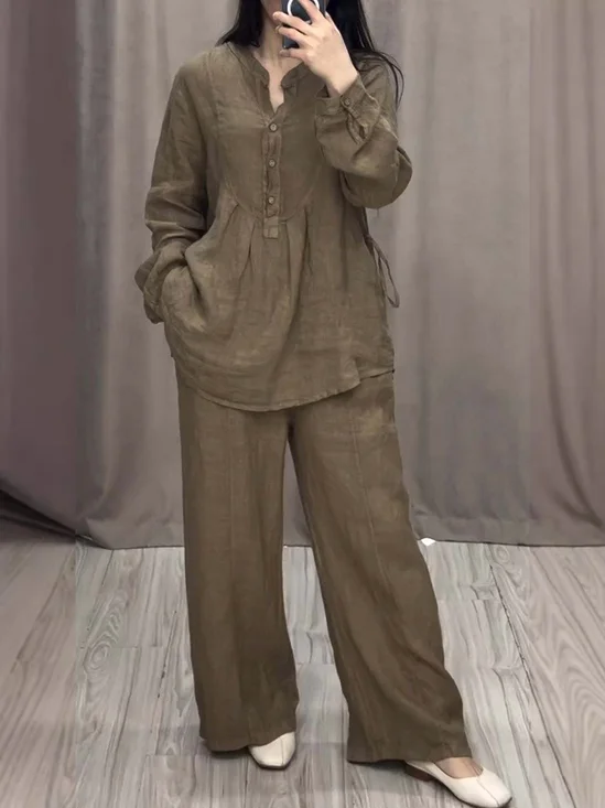 Women Plain Two-Piece Set Daily Long Sleeve Casual Spring/Fall Top With Pants Matching Set