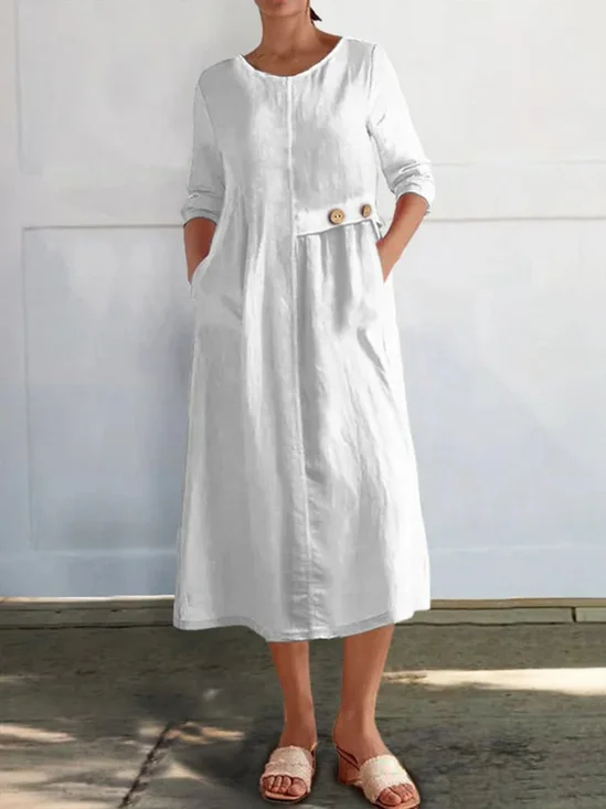 Women Plain Spring/Fall Buttoned Dress Crew Neck Long Sleeve A-Line Dress